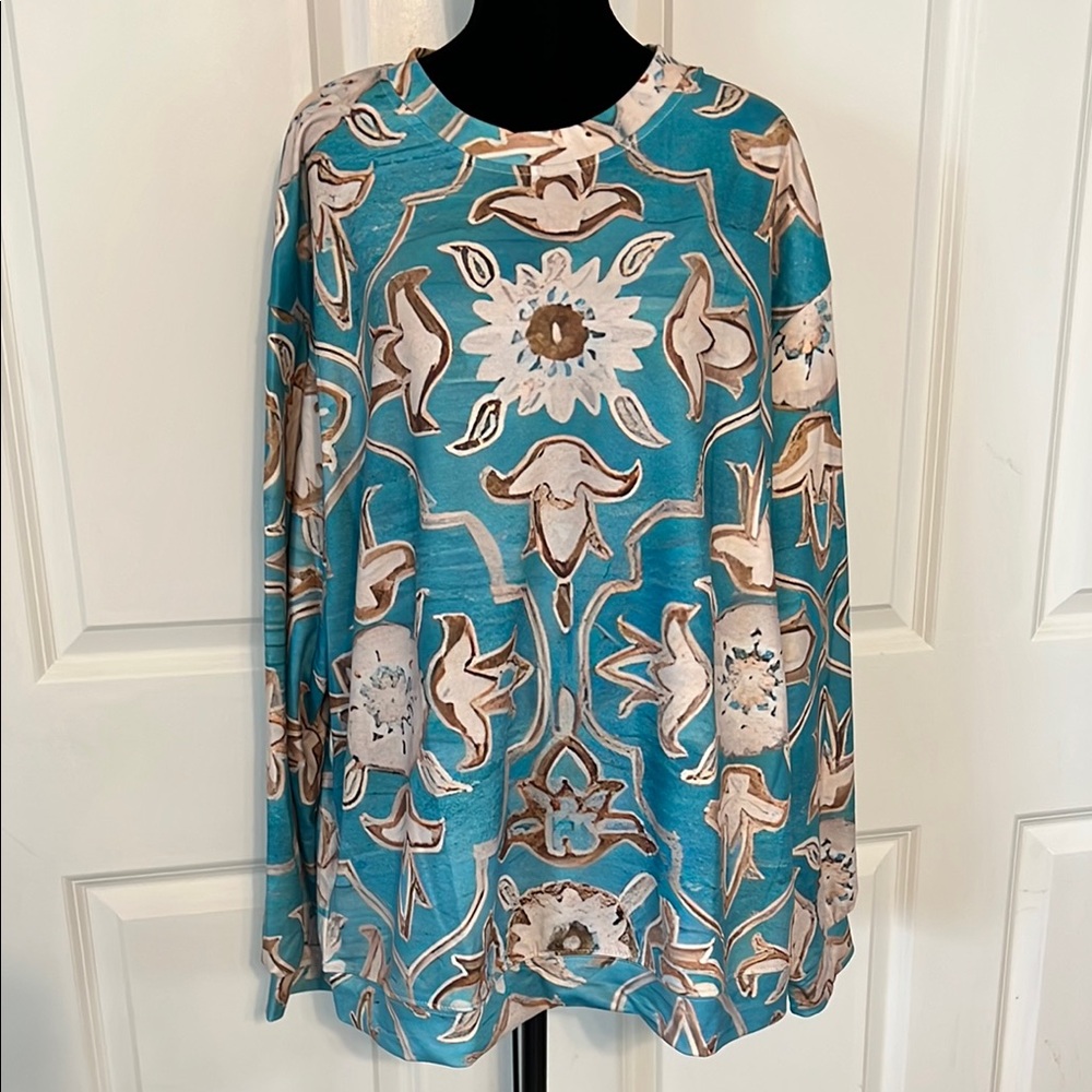 Floral Patterned Blue and Brown Sweater